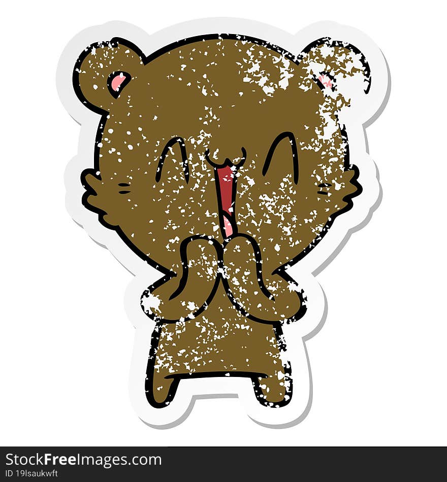 distressed sticker of a happy bear cartoon