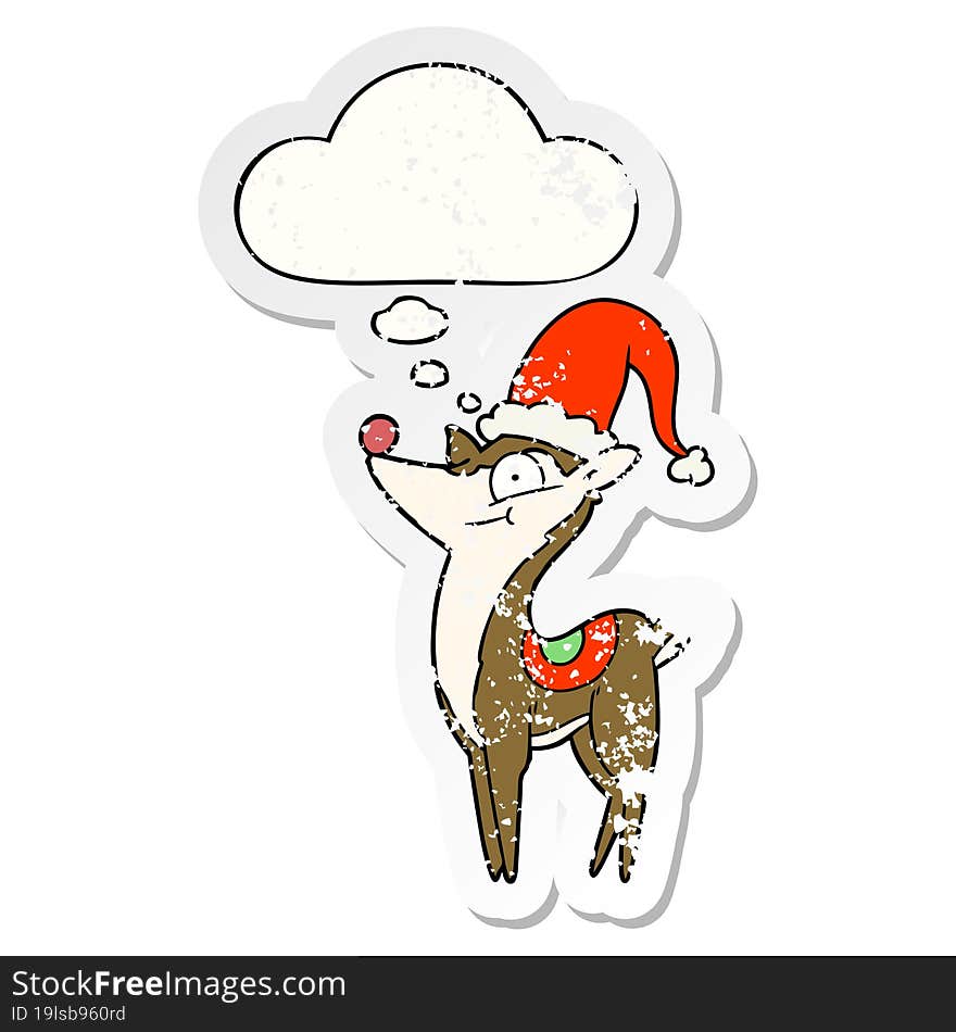 cartoon christmas reindeer with thought bubble as a distressed worn sticker