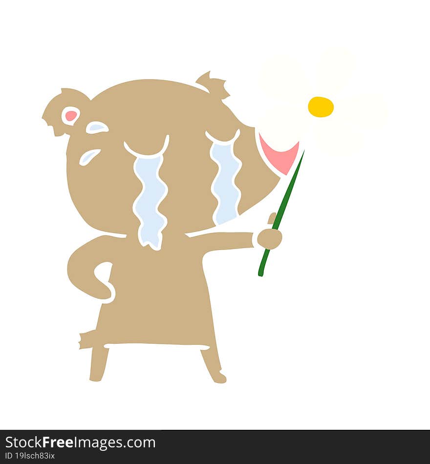 Flat Color Style Cartoon Crying Bear With Flower