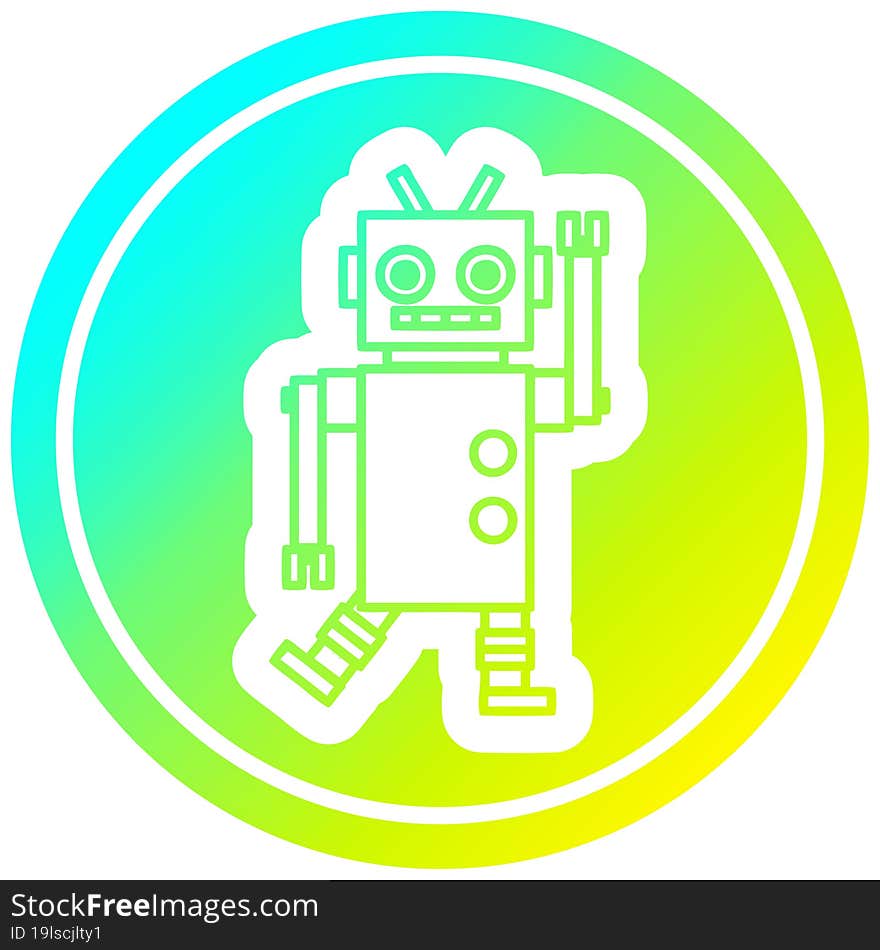 dancing robot circular icon with cool gradient finish. dancing robot circular icon with cool gradient finish