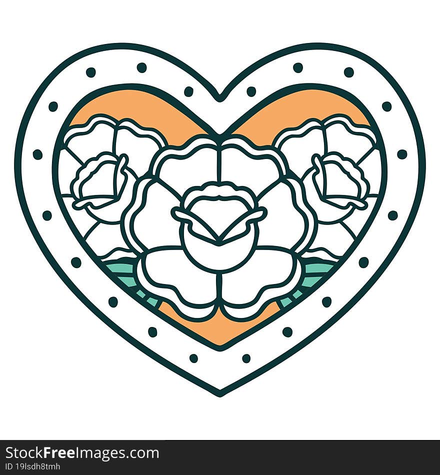 iconic tattoo style image of a heart and flowers. iconic tattoo style image of a heart and flowers