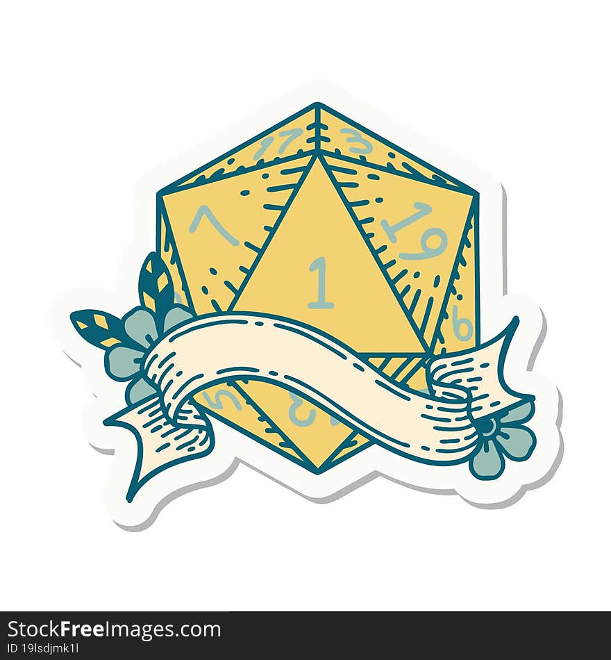 sticker of a natural one d20 dice roll. sticker of a natural one d20 dice roll