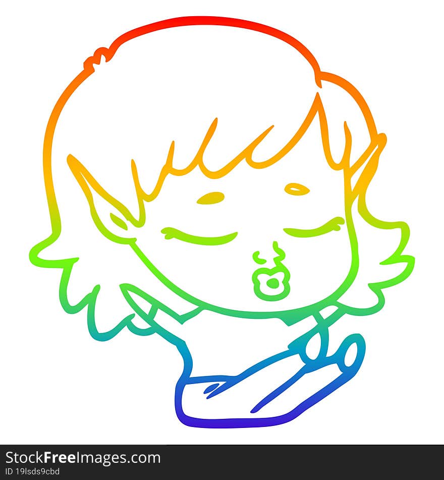 rainbow gradient line drawing pretty cartoon elf girl sitting