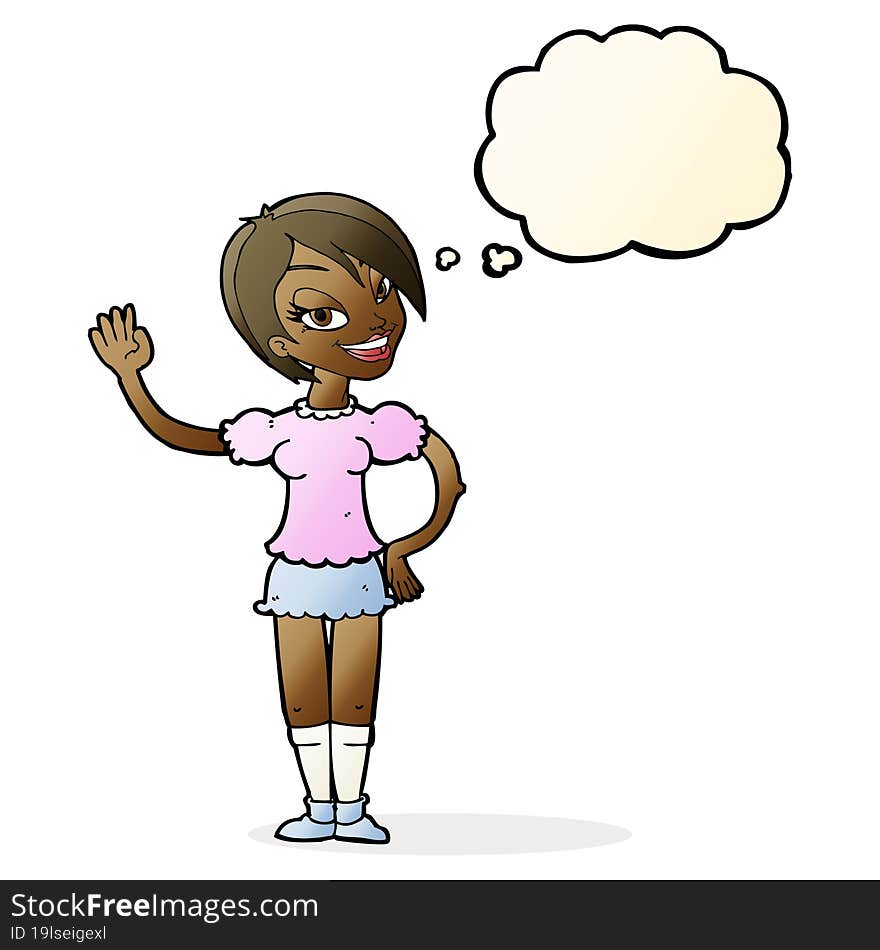 cartoon waving woman with thought bubble