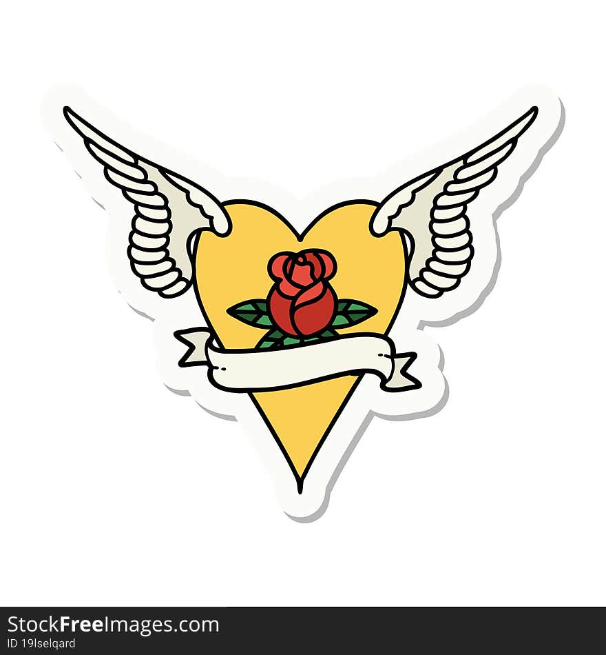 sticker of tattoo in traditional style of a flying heart with flowers and banner. sticker of tattoo in traditional style of a flying heart with flowers and banner