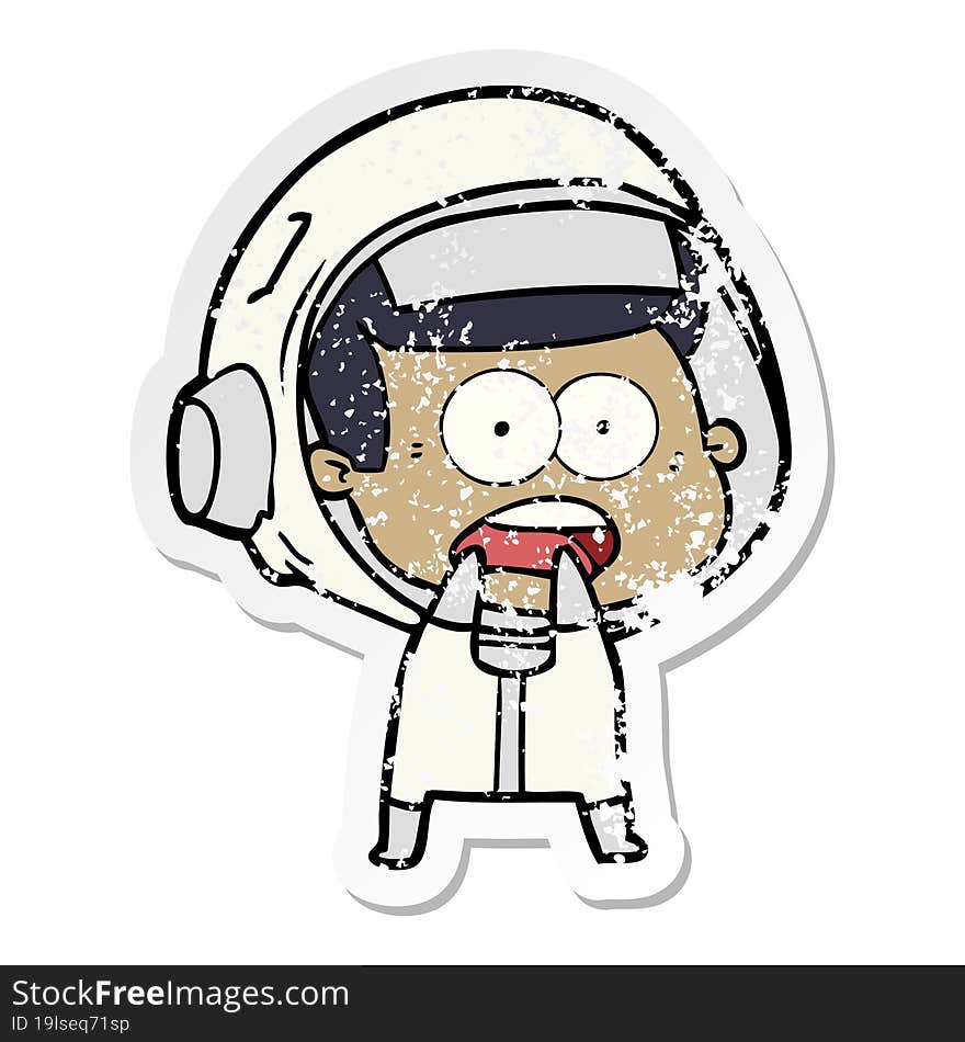 distressed sticker of a cartoon surprised astronaut