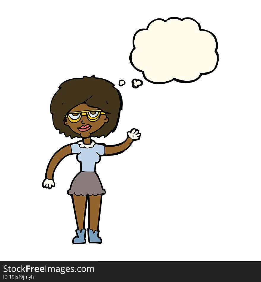 cartoon waving woman wearing spectacles with thought bubble