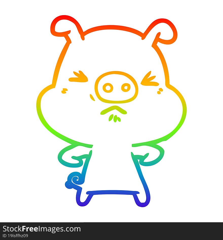 rainbow gradient line drawing of a cartoon angry pig