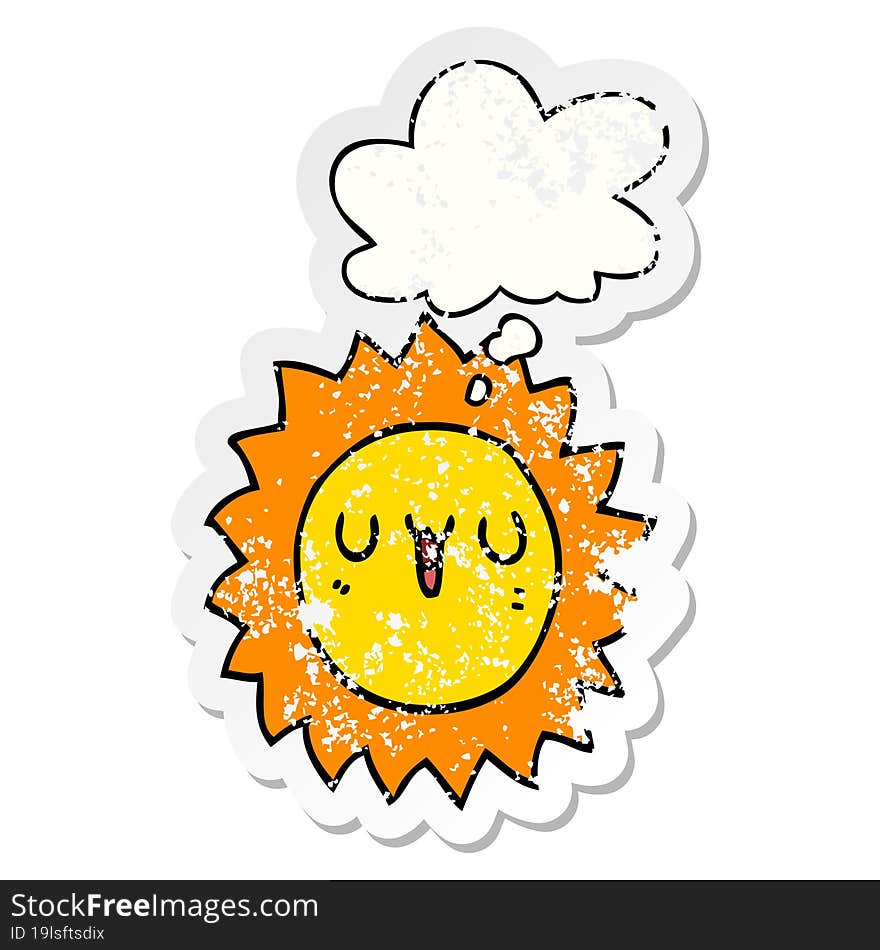 cartoon sun and thought bubble as a distressed worn sticker