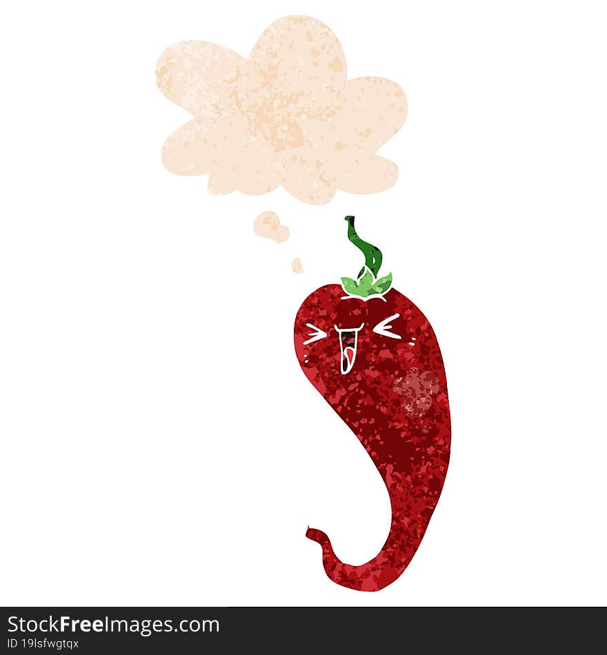 Cartoon Hot Chili Pepper And Thought Bubble In Retro Textured Style