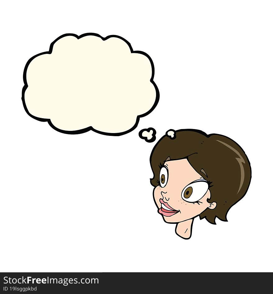 cartoon pretty female face with thought bubble