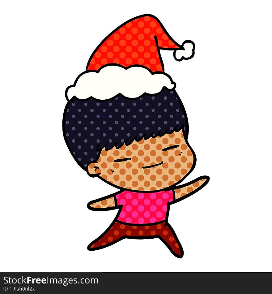 comic book style illustration of a smug boy wearing santa hat