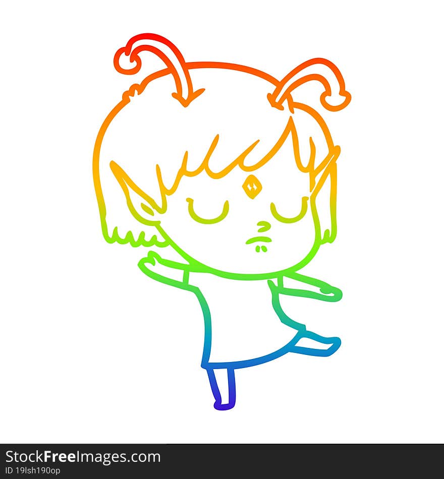 rainbow gradient line drawing of a cartoon alien girl