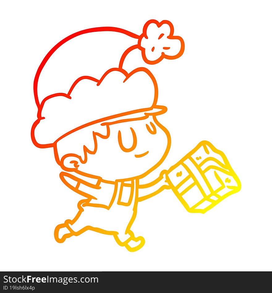 warm gradient line drawing of a happy christmas elf with present