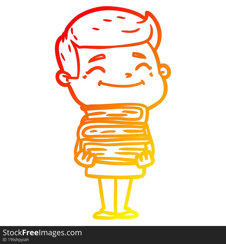 Warm Gradient Line Drawing Happy Cartoon Man With Stack Of Books