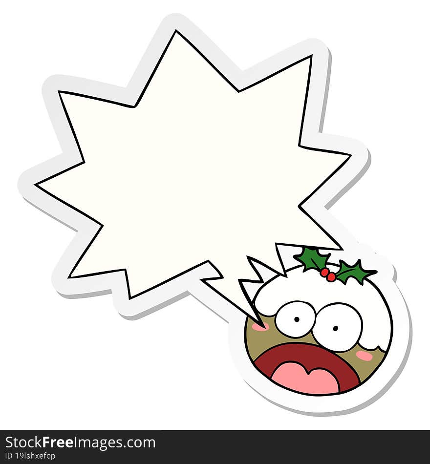 cartoon christmas pudding and shocked face and speech bubble sticker