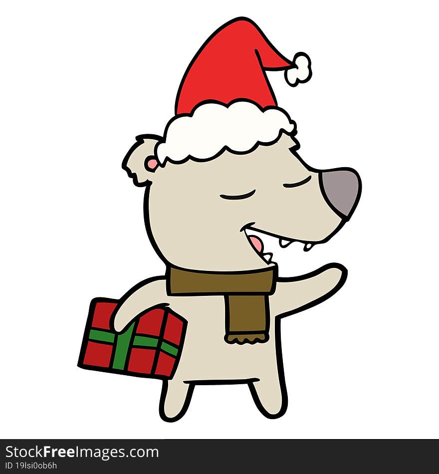 line drawing of a bear with present wearing santa hat