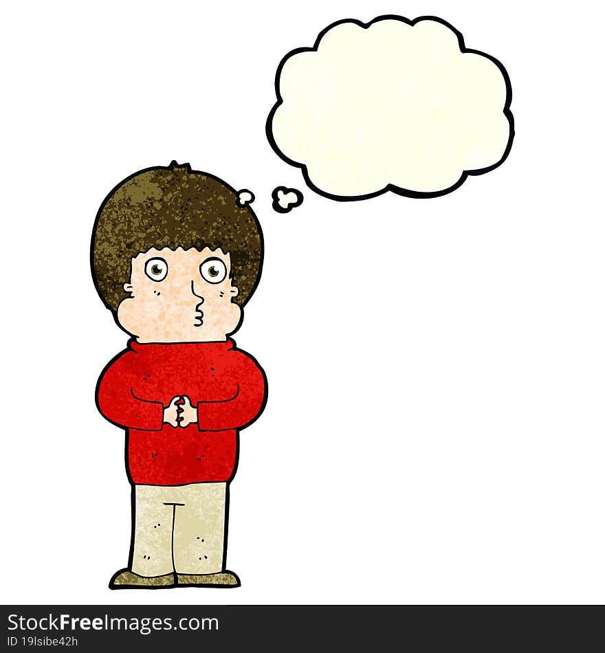 cartoon shy boy with thought bubble