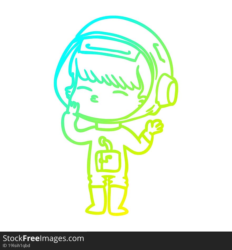 cold gradient line drawing of a cartoon curious astronaut wondering