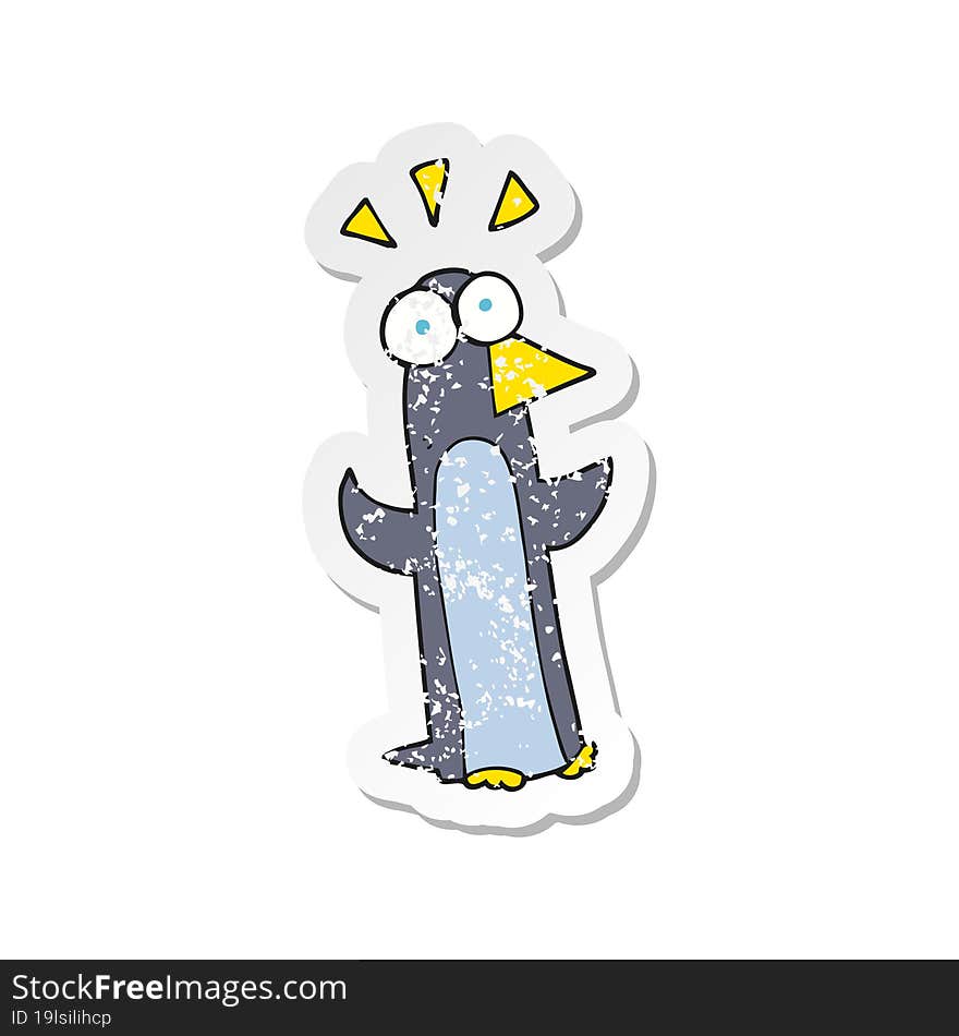 retro distressed sticker of a cartoon surprised penguin