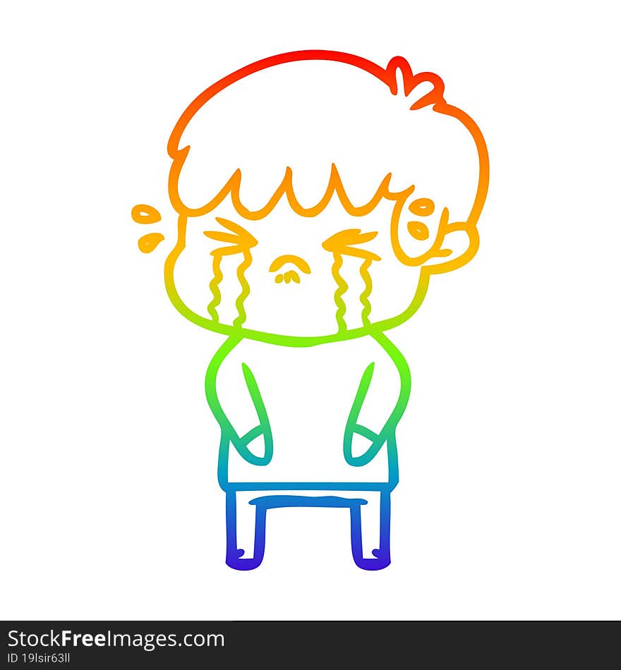 rainbow gradient line drawing of a cartoon boy crying