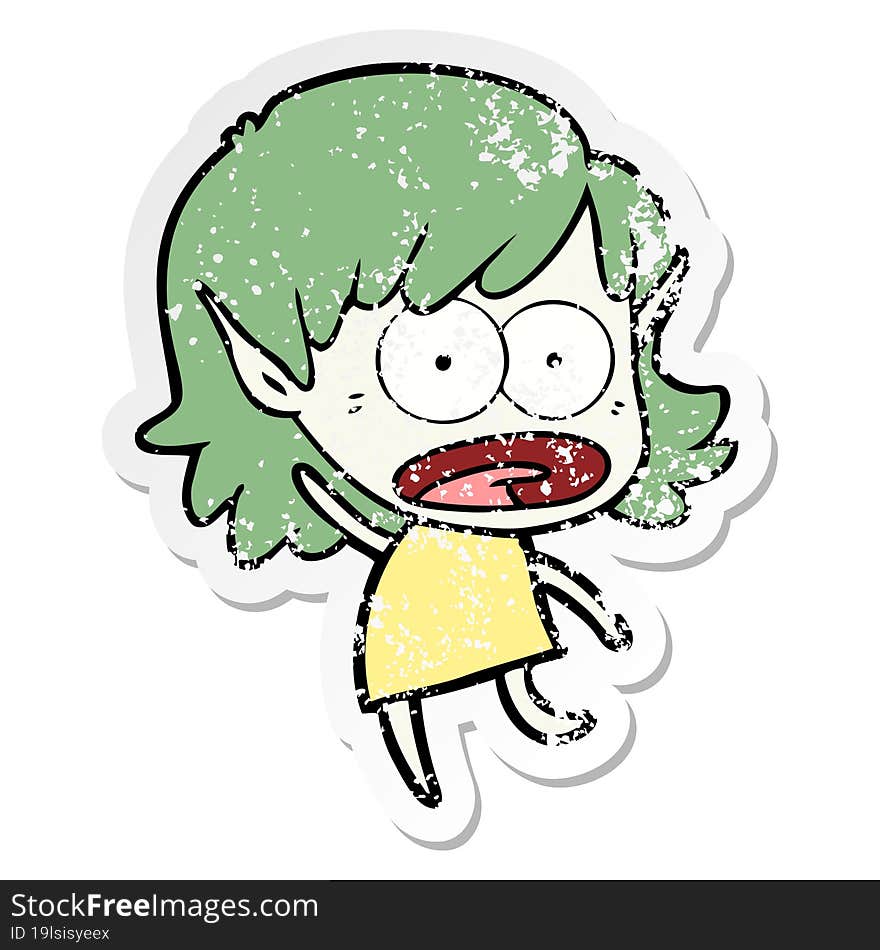 distressed sticker of a cartoon shocked elf girl