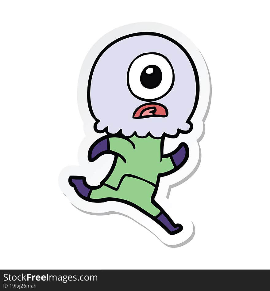 Sticker Of A Cartoon Cyclops Alien Spaceman Running