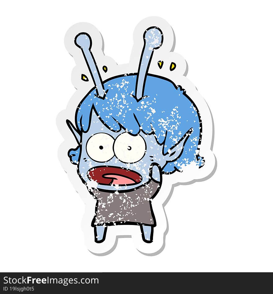 distressed sticker of a cartoon shocked alien girl