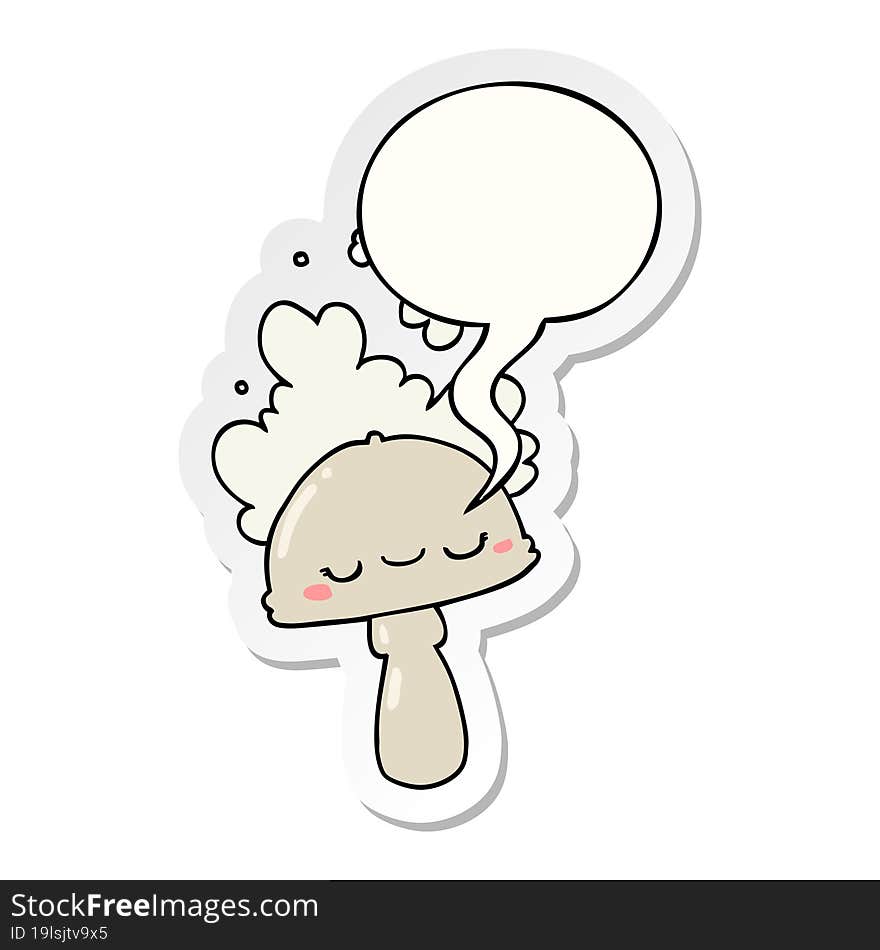 cartoon mushroom with spoor cloud with speech bubble sticker. cartoon mushroom with spoor cloud with speech bubble sticker