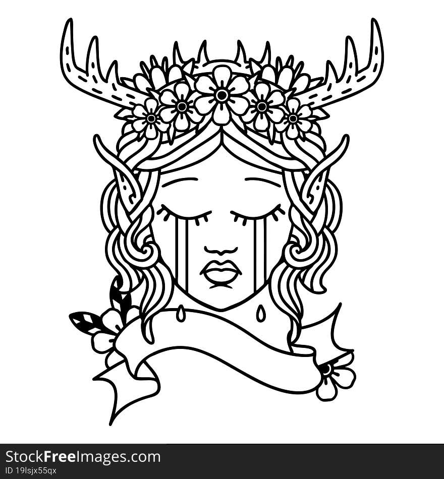 Black and White Tattoo linework Style sad elf druid character face. Black and White Tattoo linework Style sad elf druid character face