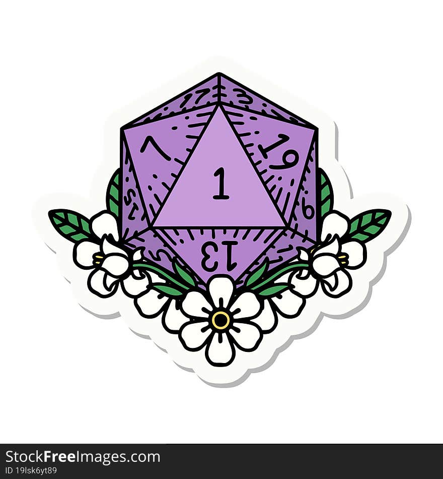 natural one dice roll with floral elements sticker