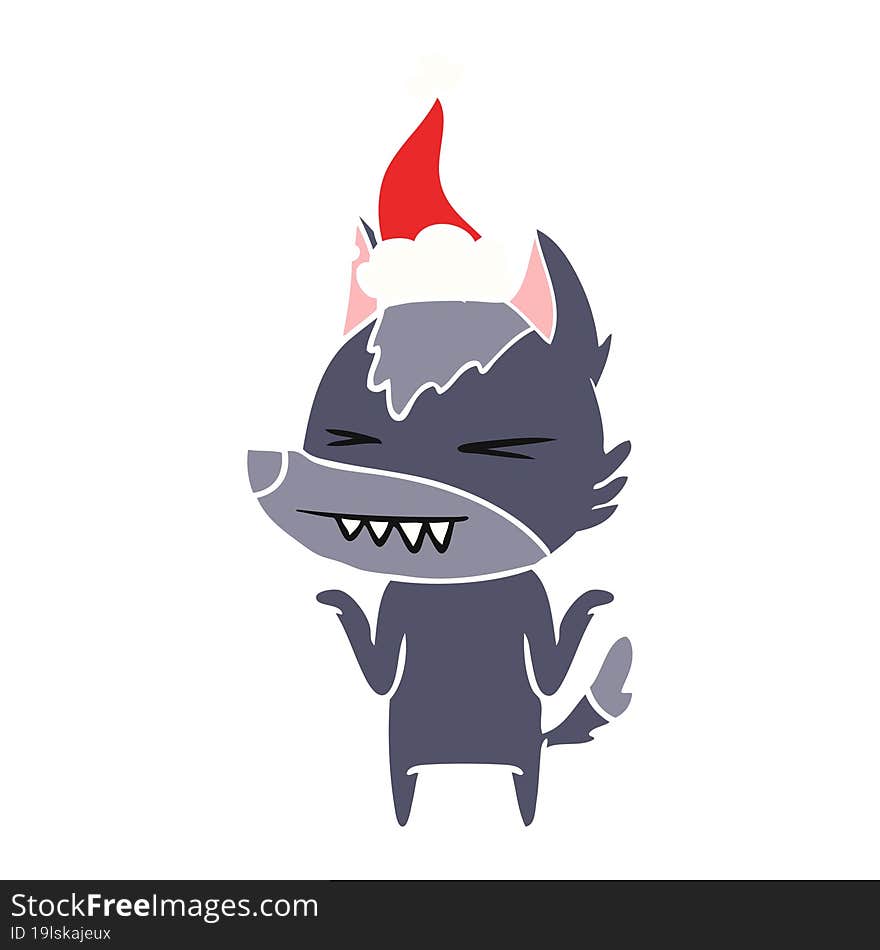 angry wolf hand drawn flat color illustration of a wearing santa hat. angry wolf hand drawn flat color illustration of a wearing santa hat