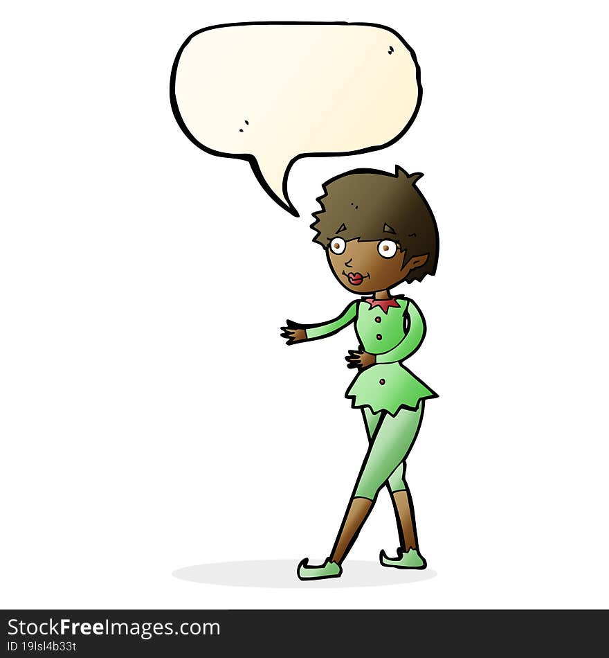 cartoon christmas elf woman with speech bubble