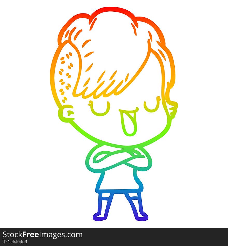 Rainbow Gradient Line Drawing Cute Cartoon Girl With Hipster Haircut