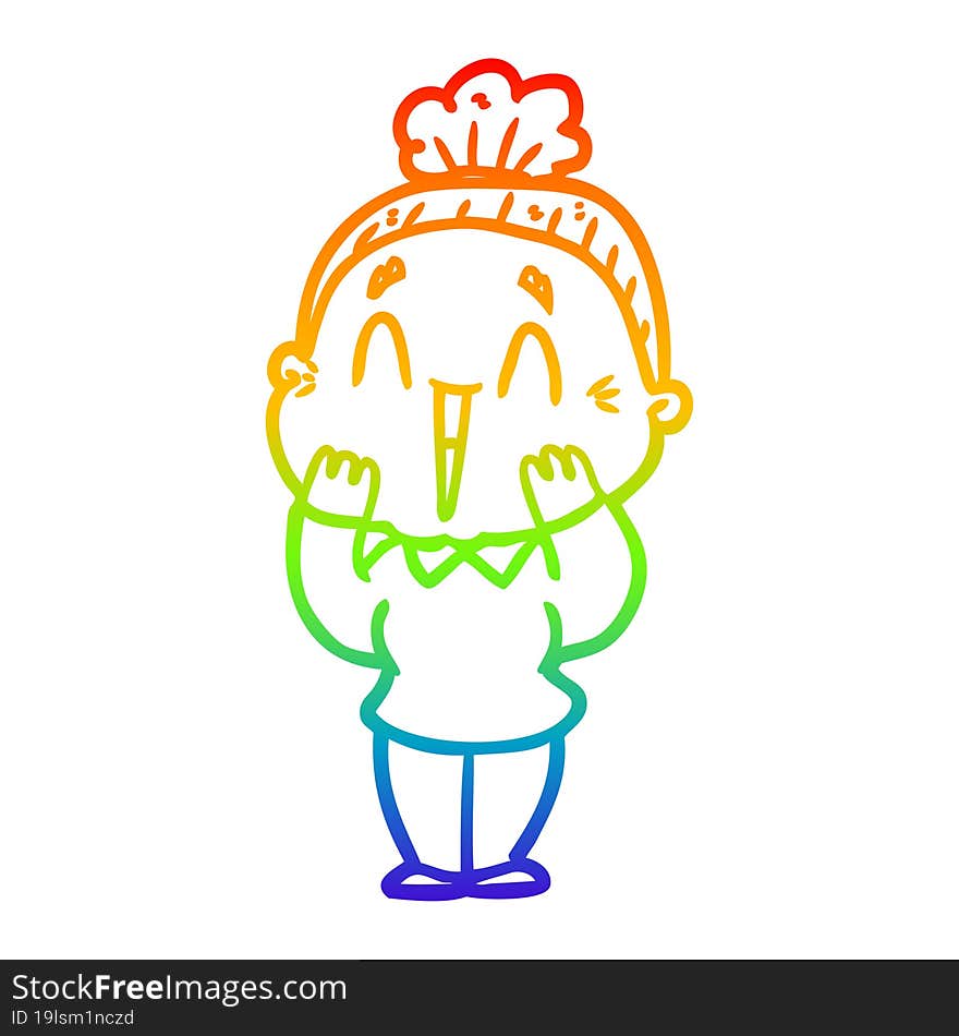 rainbow gradient line drawing of a cartoon happy old lady