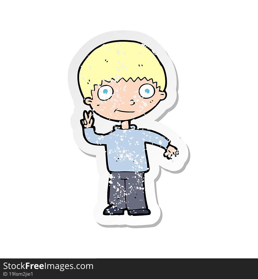 Retro Distressed Sticker Of A Cartoon Boy Giving Peace Sign