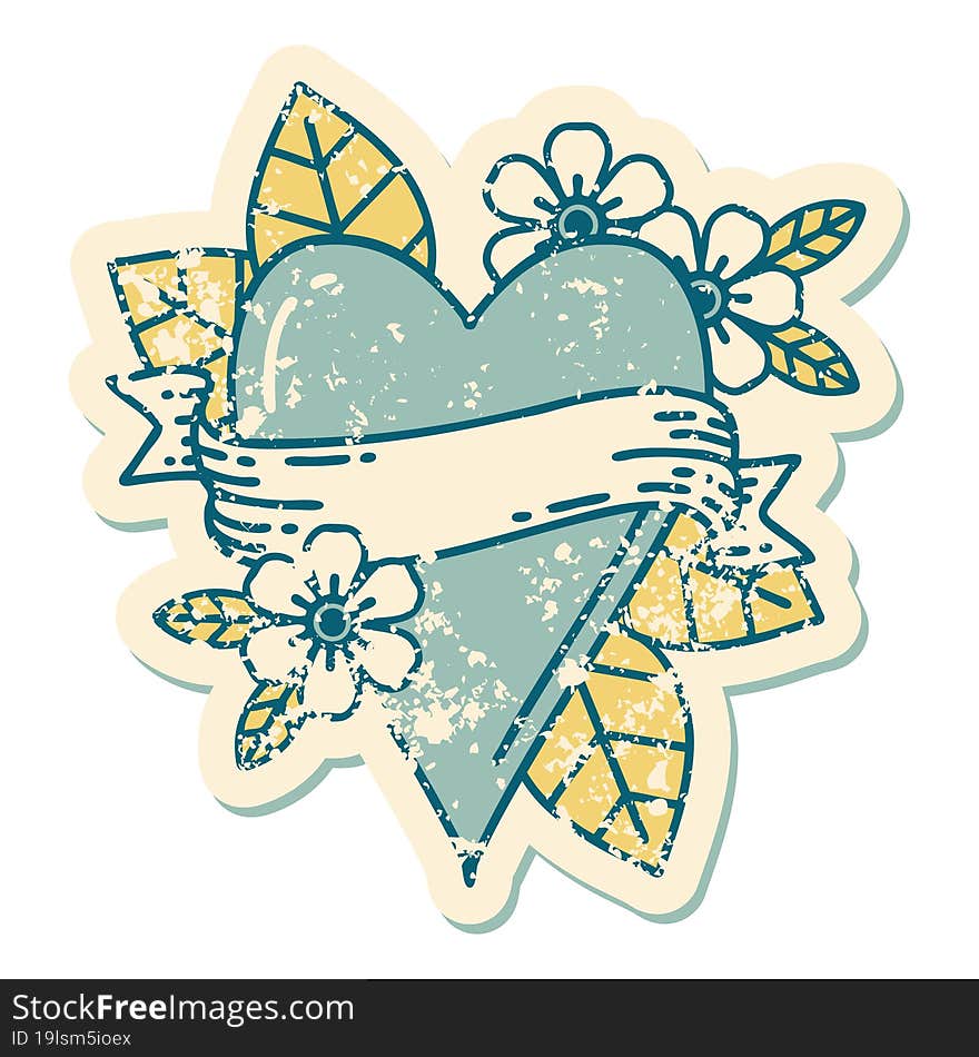 Distressed Sticker Tattoo Style Icon Of A Heart And Banner