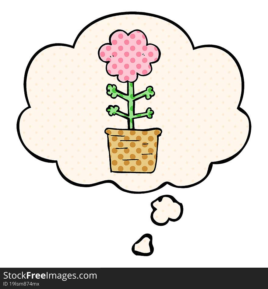 cute cartoon flower with thought bubble in comic book style