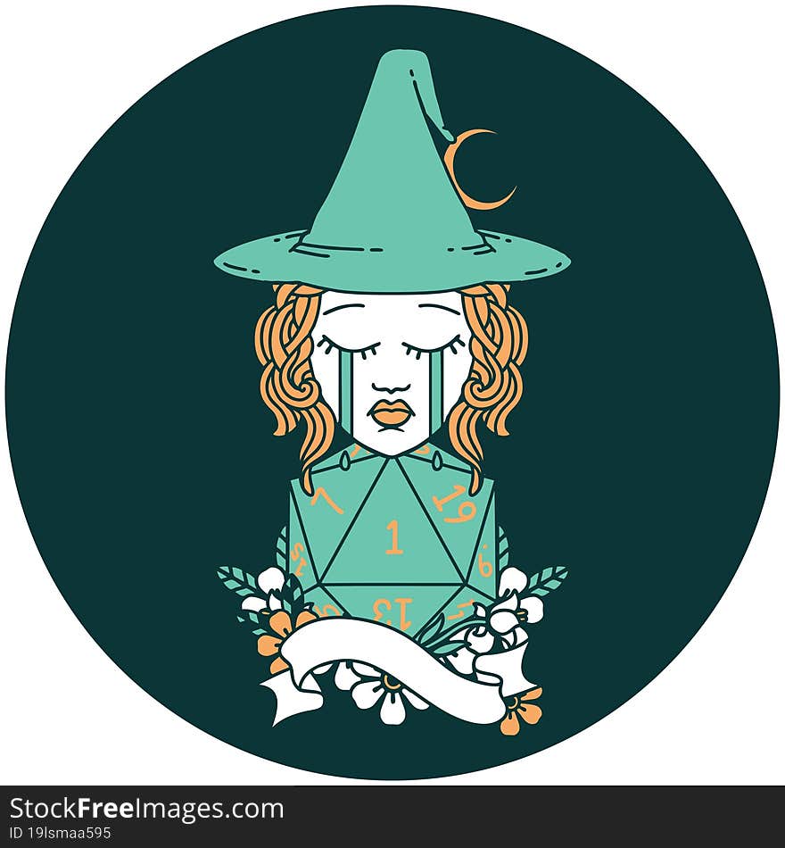 icon of human witch with natural one D20 roll. icon of human witch with natural one D20 roll