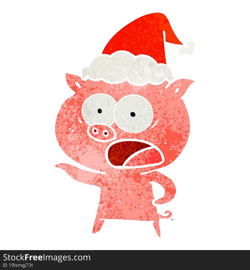 hand drawn retro cartoon of a pig shouting wearing santa hat