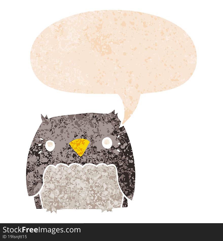 cute cartoon owl and speech bubble in retro textured style