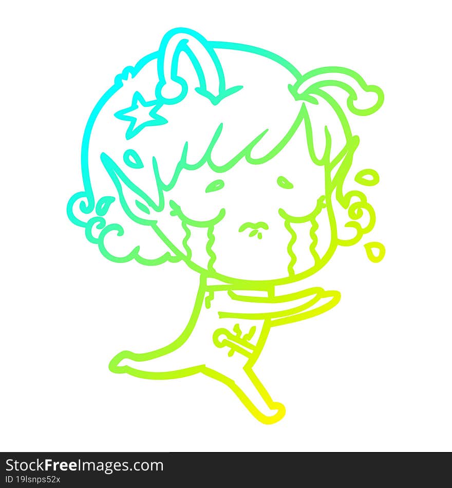 cold gradient line drawing cartoon crying alien girl