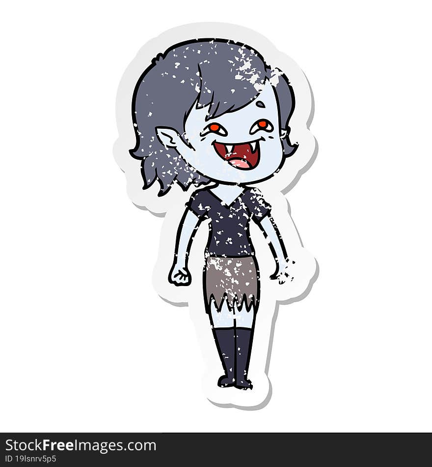 distressed sticker of a cartoon laughing vampire girl