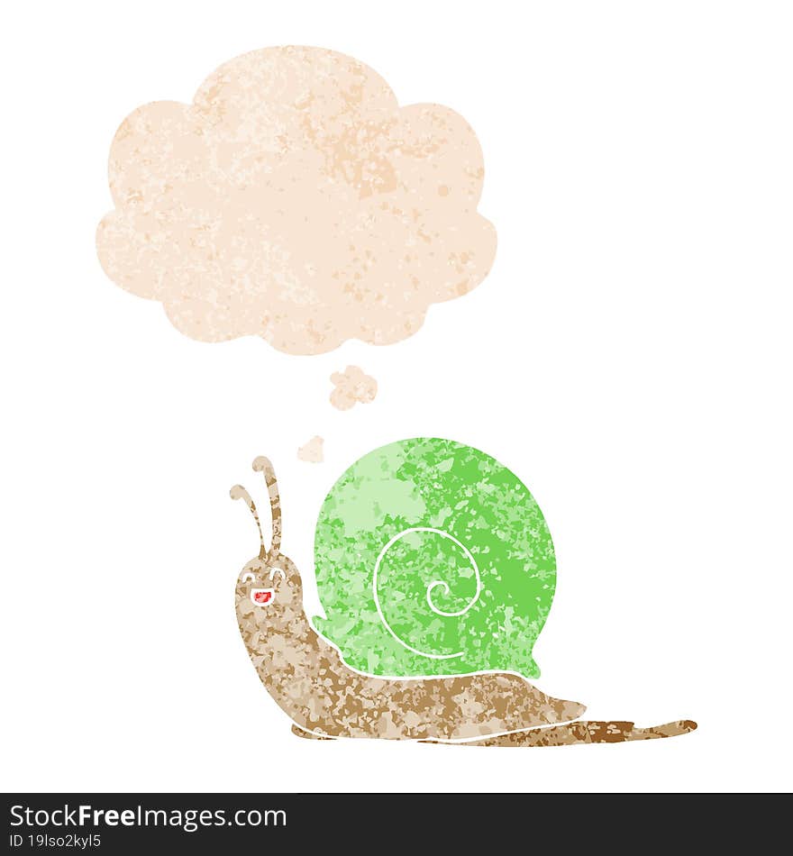 cartoon snail and thought bubble in retro textured style