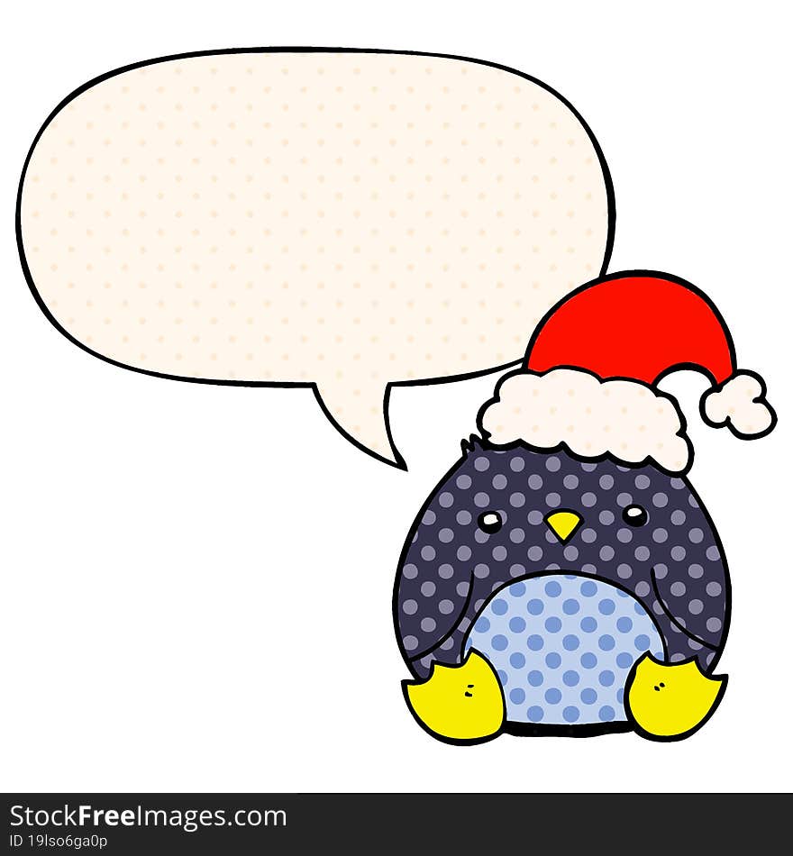 cute cartoon penguin wearing christmas hat and speech bubble in comic book style