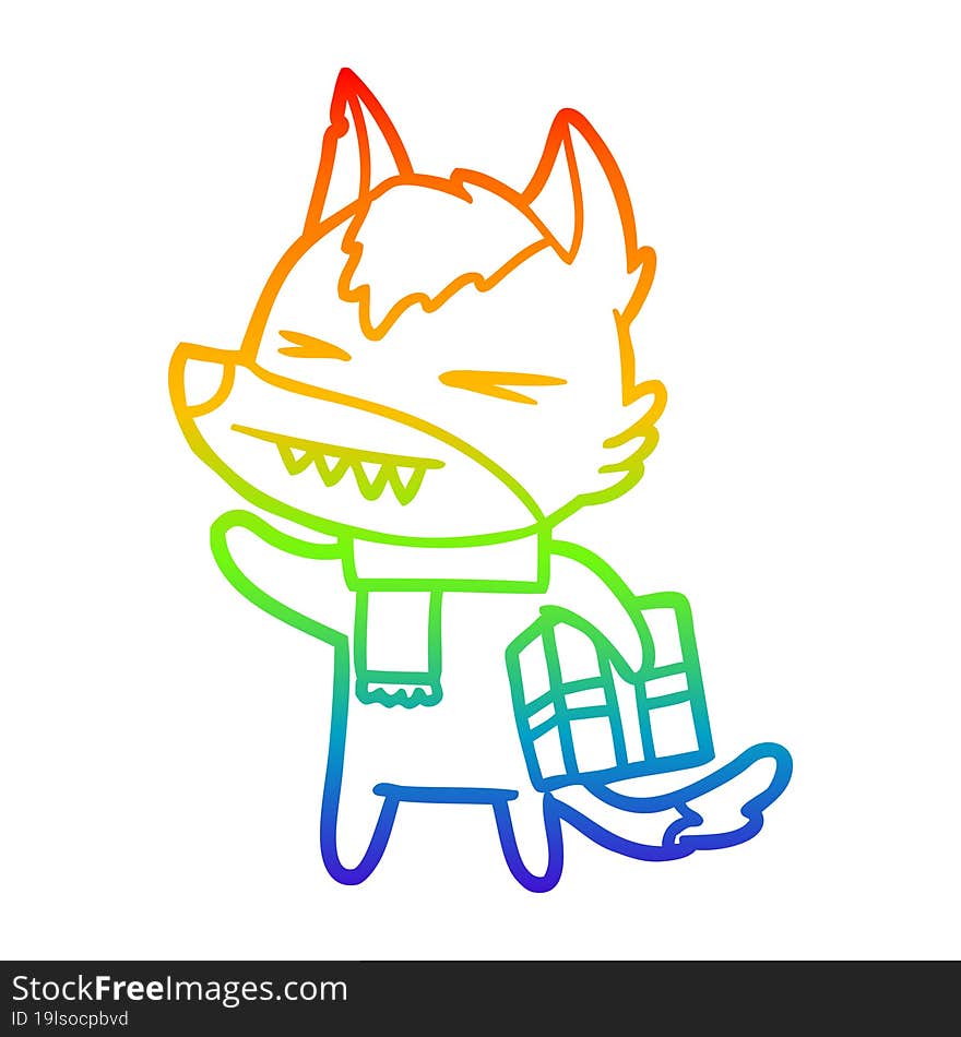 rainbow gradient line drawing of a angry christmas wolf cartoon