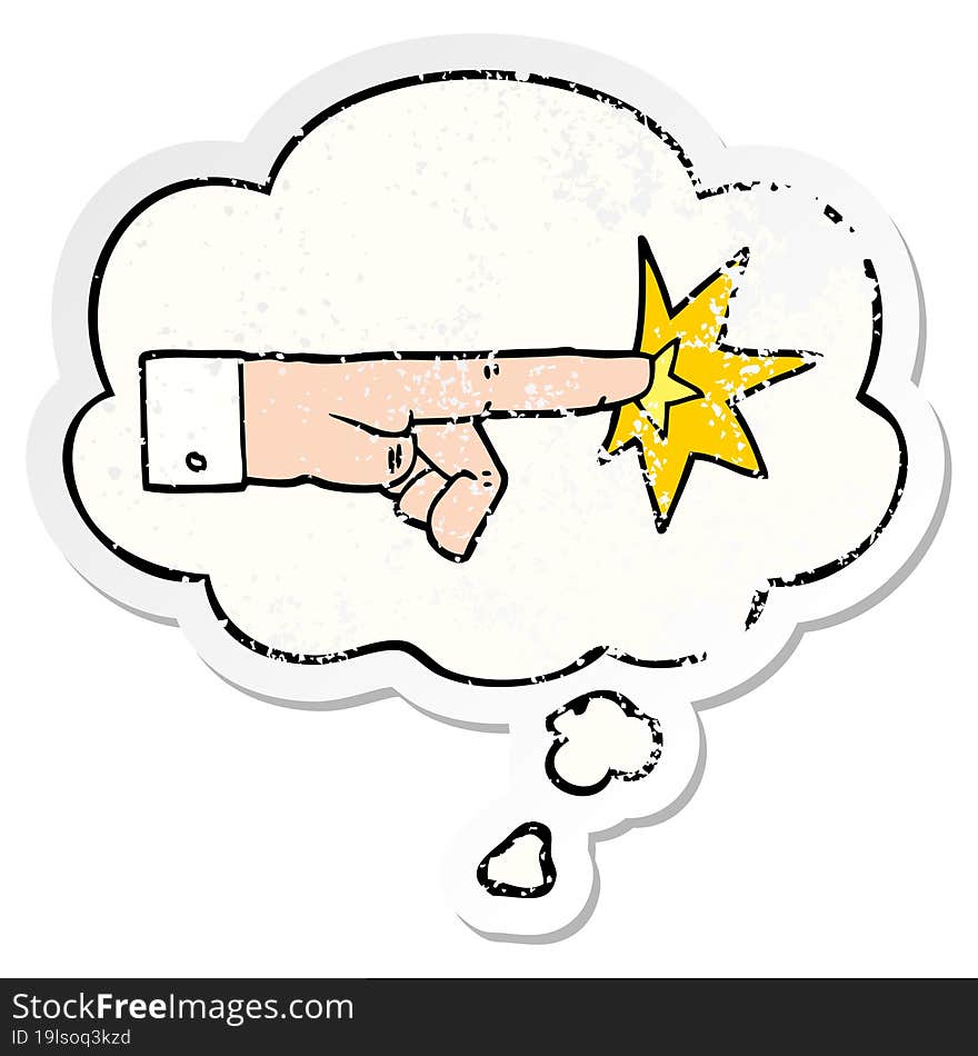 cartoon pointing hand with thought bubble as a distressed worn sticker