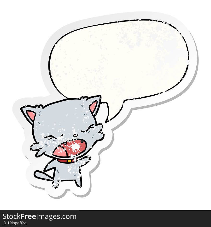 Cute Cartoon Cat Talking And Speech Bubble Distressed Sticker