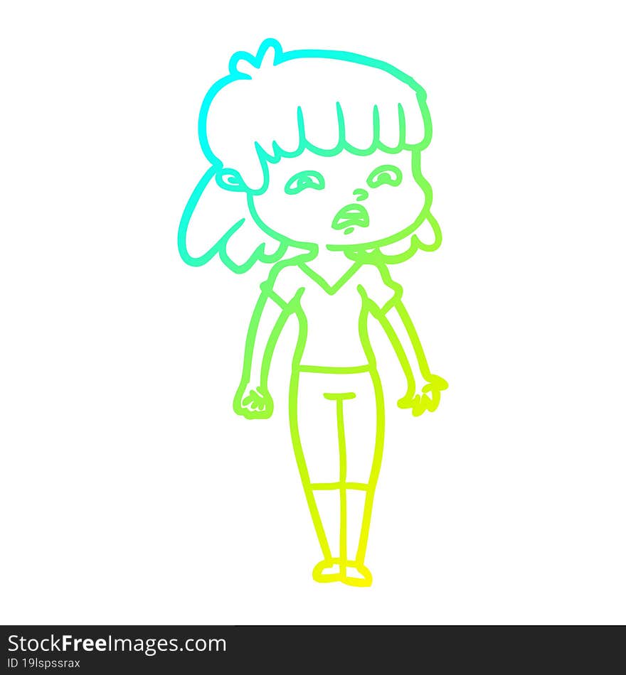 cold gradient line drawing cartoon worried woman