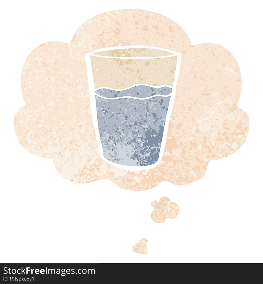 cartoon glass of water with thought bubble in grunge distressed retro textured style. cartoon glass of water with thought bubble in grunge distressed retro textured style